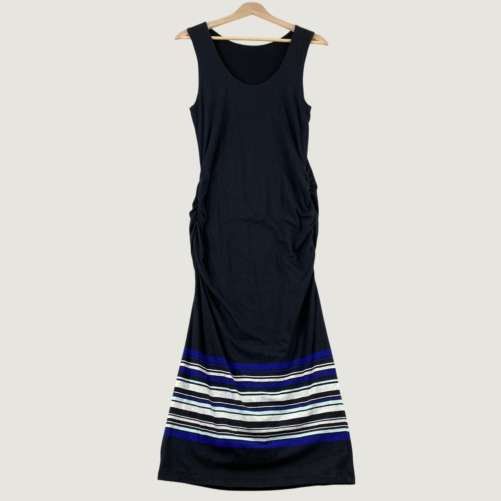 Athleta Ruched Maxi Dress Women M Black Striped Sleeveless Stretch Beach